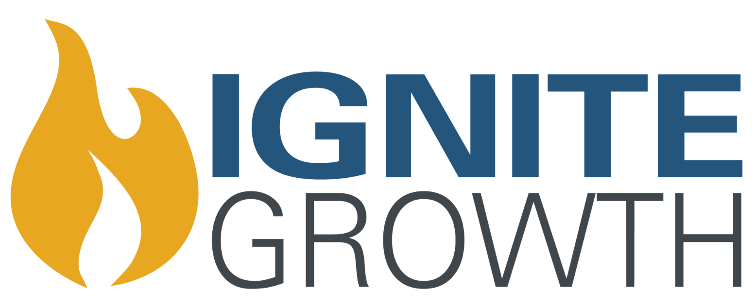 Ignite Growth product logo. Yellow flame to the left of stacked Words